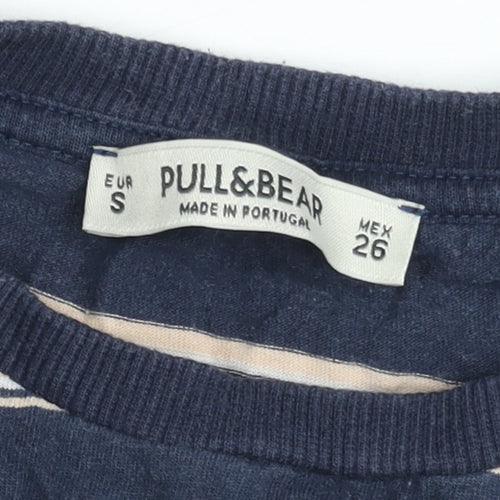 Pull&Bear Women Blue Striped Cropped Long Sleeve Cotton T-Shirt Size 8