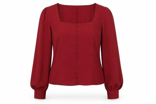 Front view of Harpa Women's Red Long Sleeve Button Blouse, size L