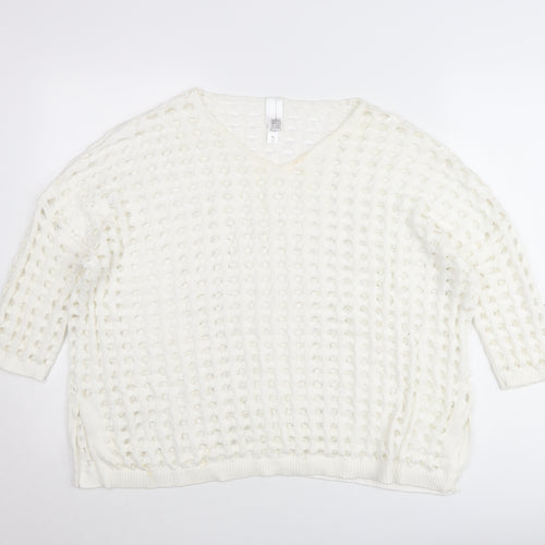 Wynne Layers Womens White PL V-Neck Open-Knit Jumper