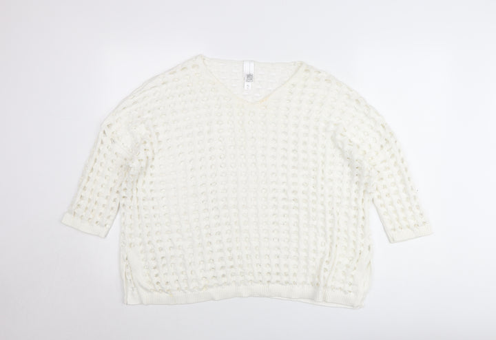 Wynne Layers Womens White PL V-Neck Open-Knit Jumper