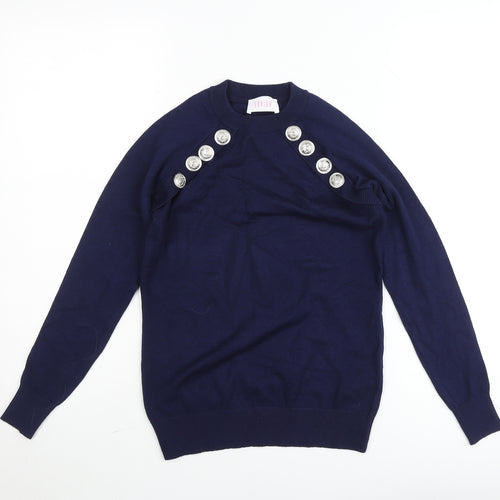 Savida Women's Blue Crew Neck Button Pullover Jumper Size 10