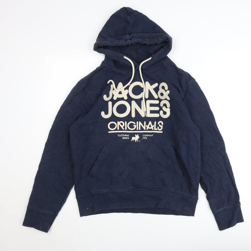 Jack & Jones Mens Blue Pullover Hoodie L Graphic Fleece Sweatshirt