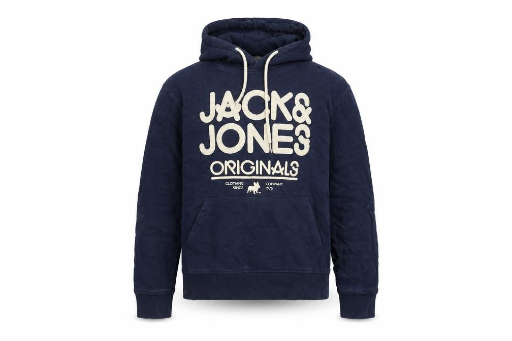 Front view of Jack & Jones men’s blue pullover hoodie l graphic fleece sweatshirt