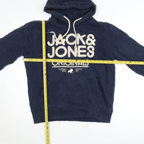 Jack & Jones Mens Blue Pullover Hoodie L Graphic Fleece Sweatshirt