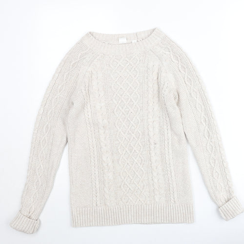 GAP Women Beige XS Cable-Knit Crew Neck Cotton Wool Jumper
