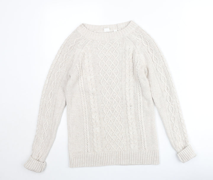 GAP Women Beige XS Cable-Knit Crew Neck Cotton Wool Jumper