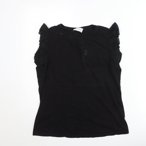 Savida Women Black Ruffle Sleeve Cotton T-Shirt Size 14
