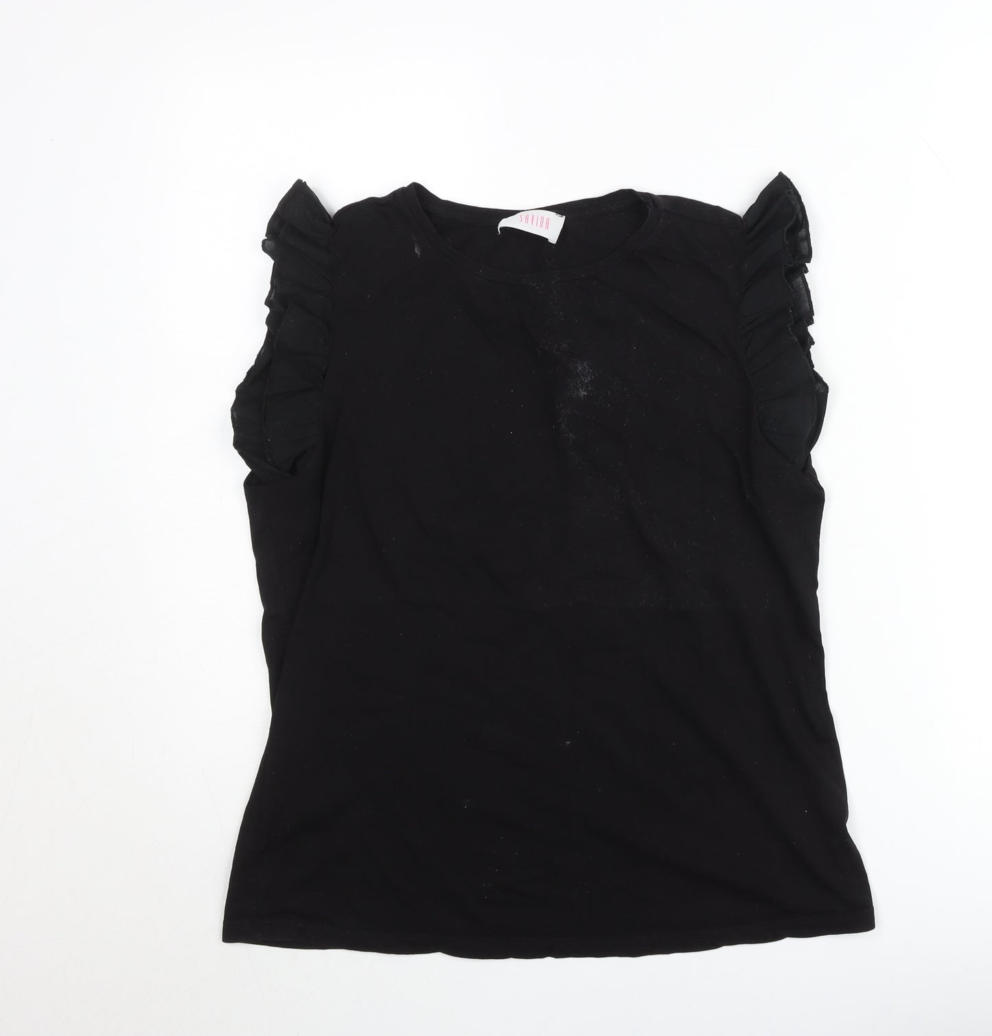 Savida Women Black Ruffle Sleeve Cotton T-Shirt Size 14