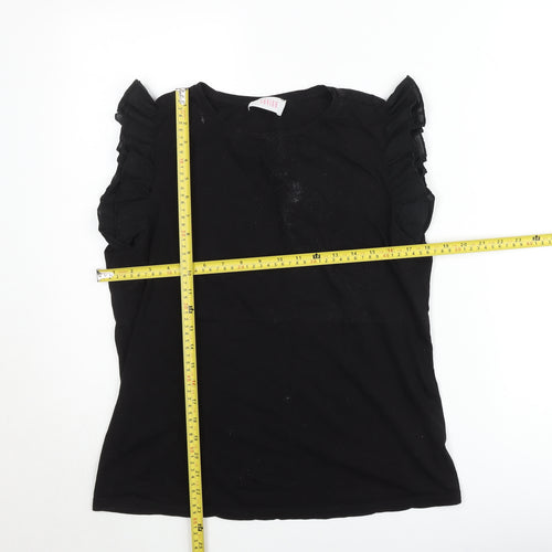 Savida Women Black Ruffle Sleeve Cotton T-Shirt Size 14