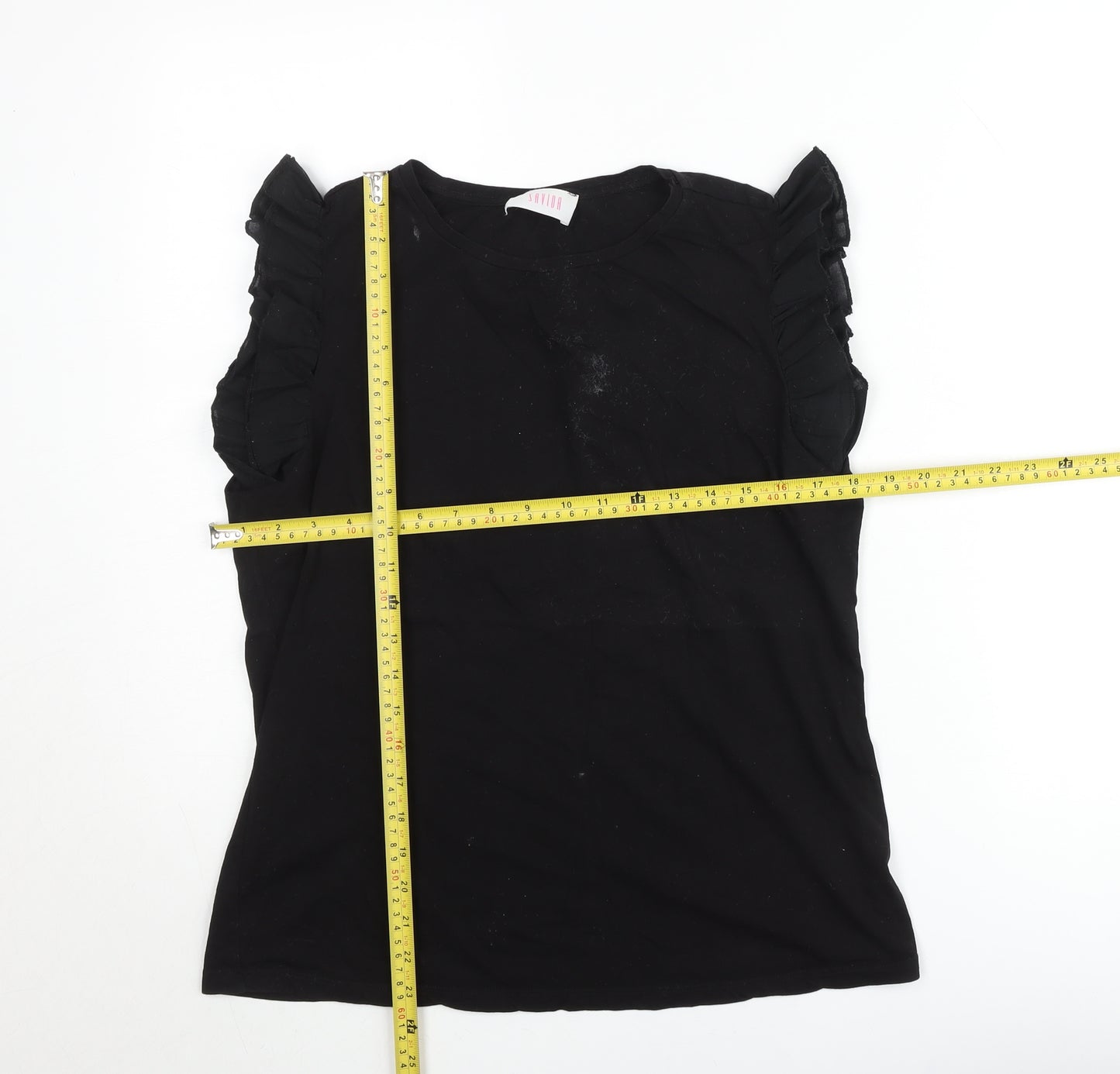 Savida Women Black Ruffle Sleeve Cotton T-Shirt Size 14
