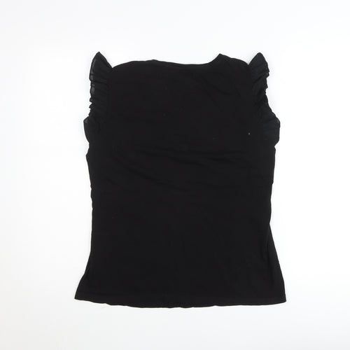 Savida Women Black Ruffle Sleeve Cotton T-Shirt Size 14