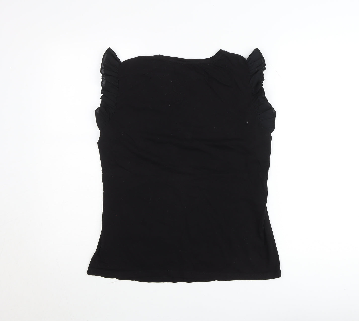 Savida Women Black Ruffle Sleeve Cotton T-Shirt Size 14