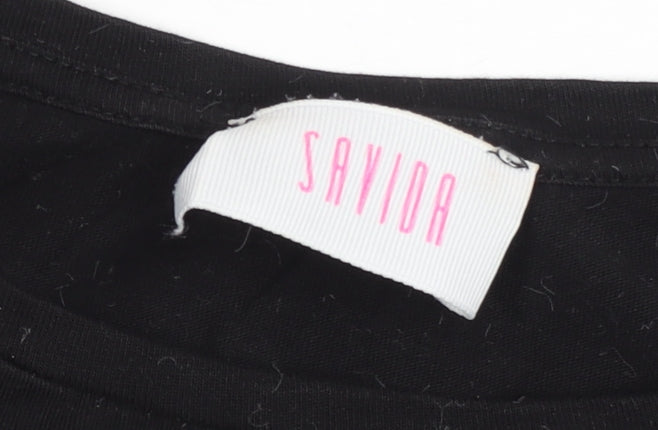 Savida Women Black Ruffle Sleeve Cotton T-Shirt Size 14