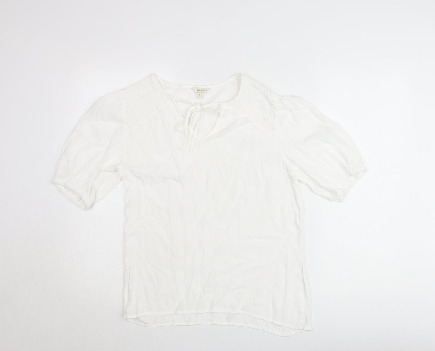 Monsoon Women’s White Short Sleeve Tie Neck Blouse Size S