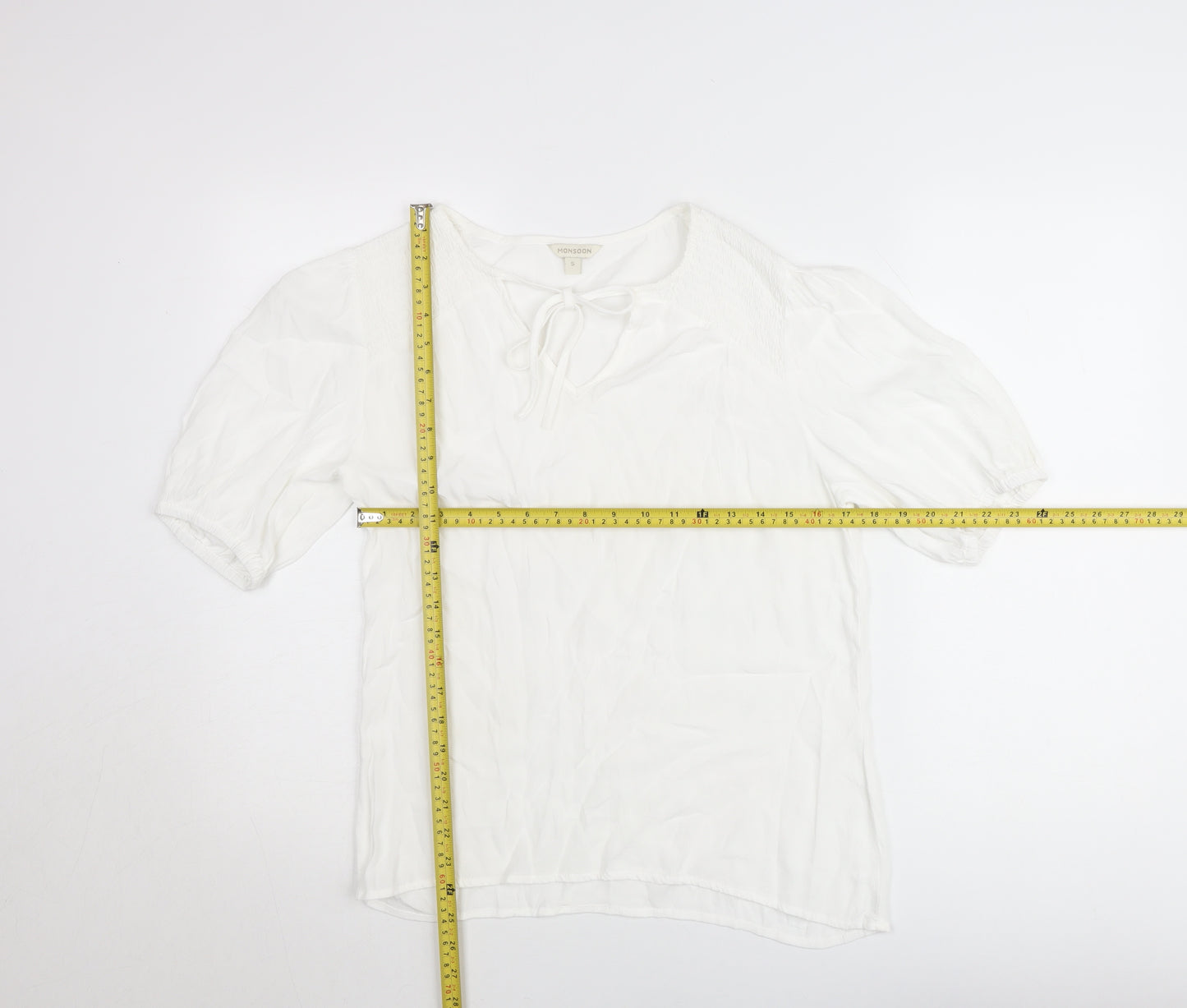 Monsoon Women’s White Short Sleeve Tie Neck Blouse Size S