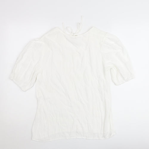 Monsoon Women’s White Short Sleeve Tie Neck Blouse Size S