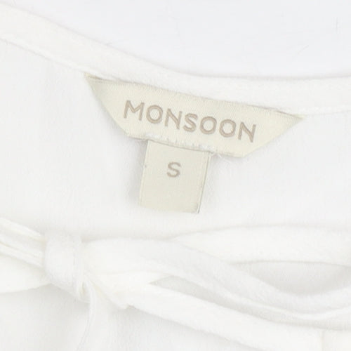 Monsoon Women’s White Short Sleeve Tie Neck Blouse Size S