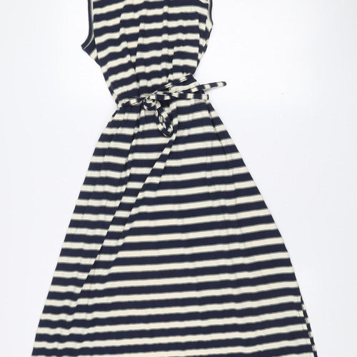ICHI Women’s Blue White Striped A-Line Sleeveless Dress L