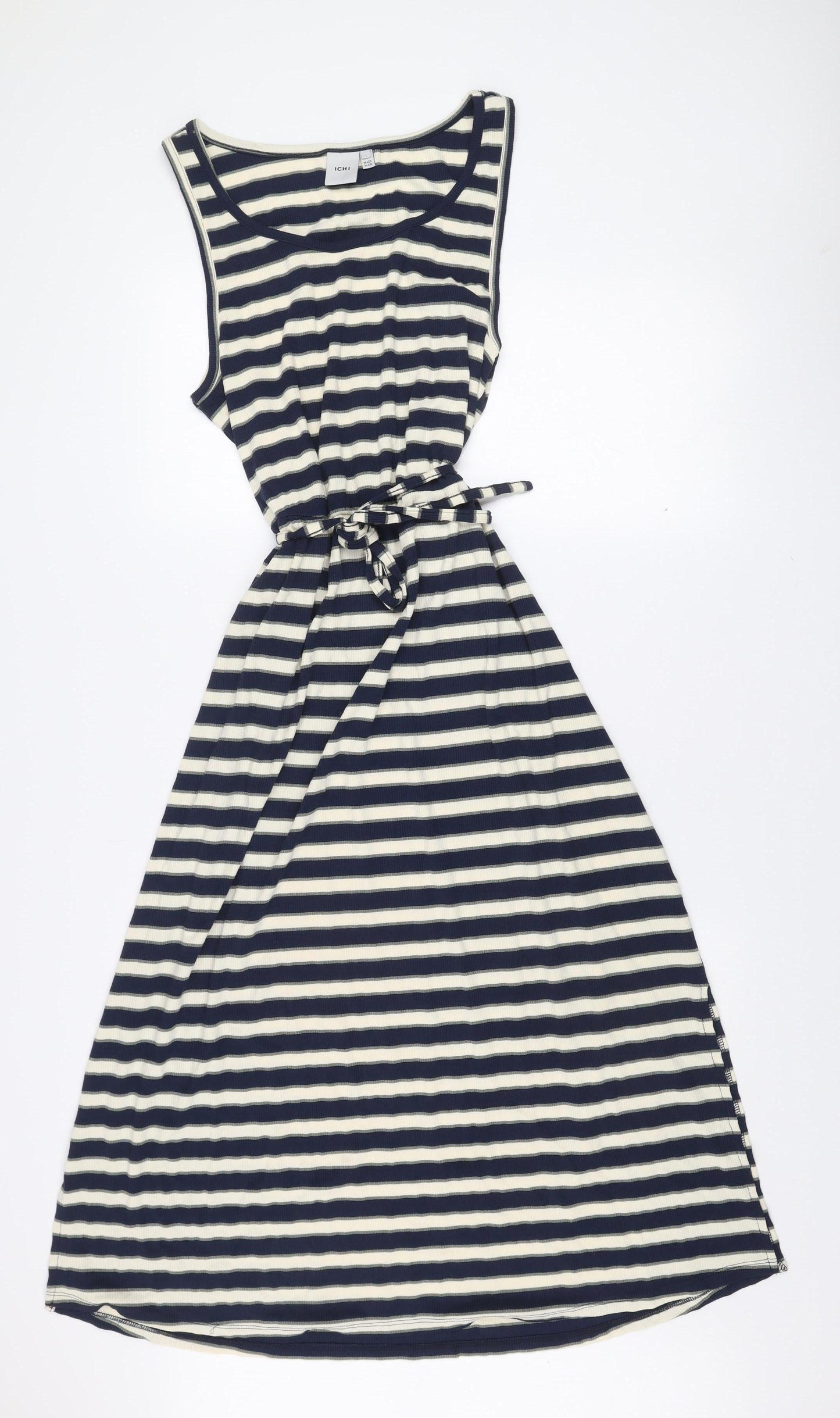 ICHI Women’s Blue White Striped A-Line Sleeveless Dress L