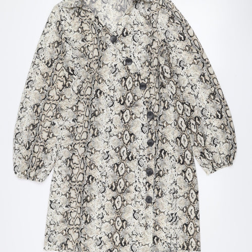 QED London Women’s Beige Animal Print Long Sleeve Shirt Dress UK 10