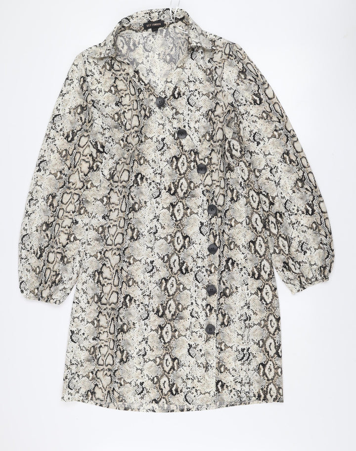 QED London Women’s Beige Animal Print Long Sleeve Shirt Dress UK 10