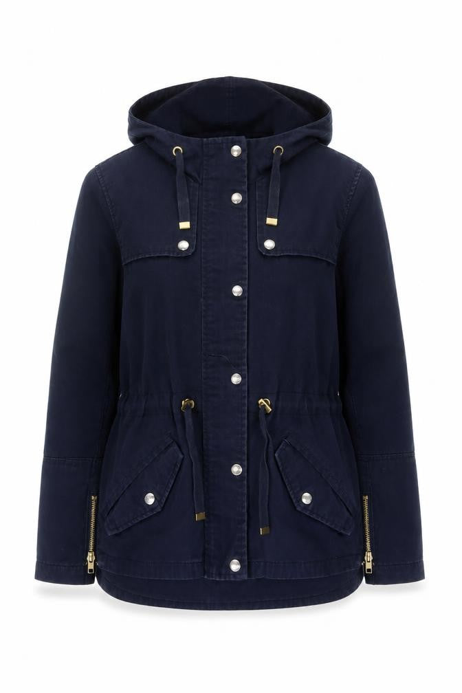 Front view of H&M Divided Women's Blue Hooded Cotton Parka Jacket, size 10