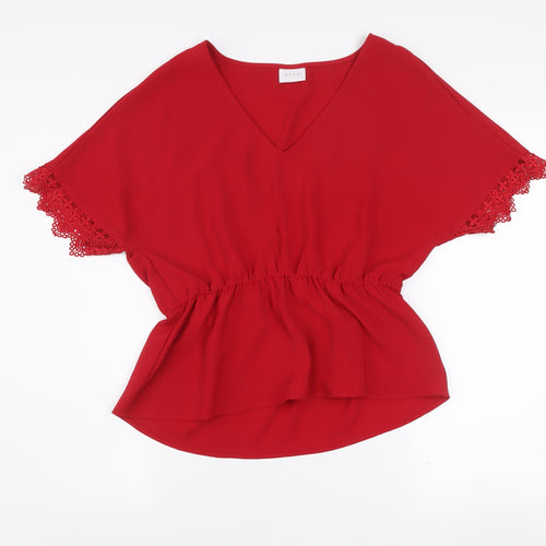 Vila Women’s Red V-Neck Crochet Sleeve Tunic Blouse Size 10