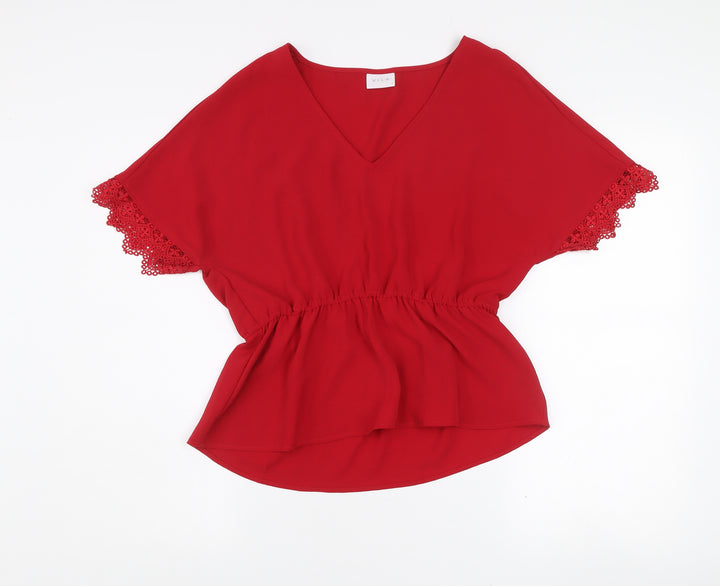 Vila Women’s Red V-Neck Crochet Sleeve Tunic Blouse Size 10