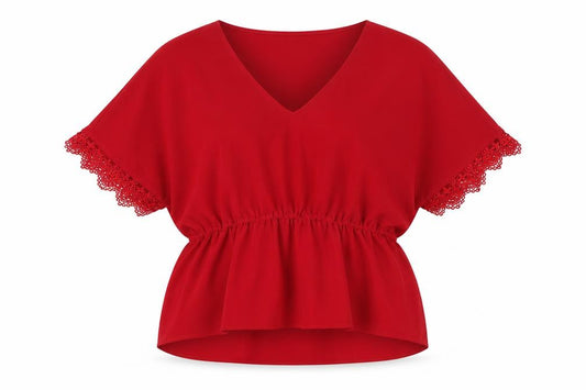 Front view of VILA Women’s Red V-Neck Crochet Sleeve Tunic Blouse, size UK 10