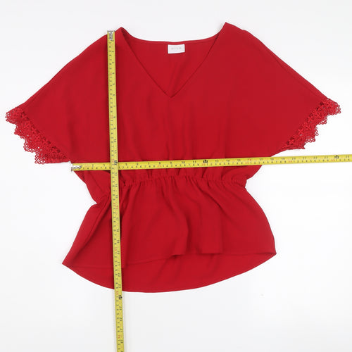 Vila Women’s Red V-Neck Crochet Sleeve Tunic Blouse Size 10