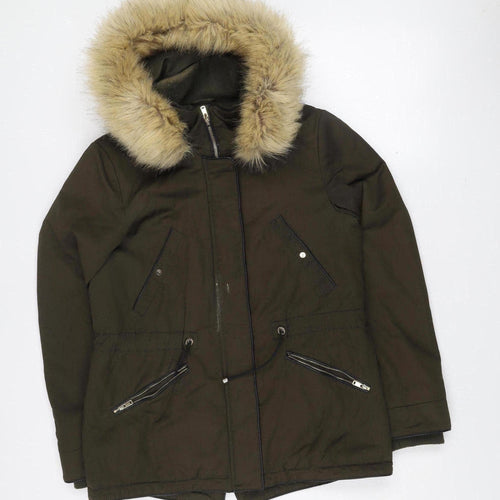 Zara Women Green Parka Coat XS Faux Fur Hooded Lined Jacket