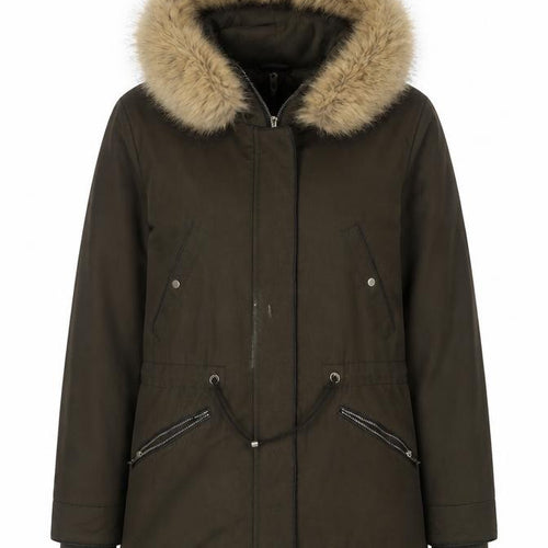 Zara Women Green Parka Coat XS Faux Fur Hooded Lined Jacket