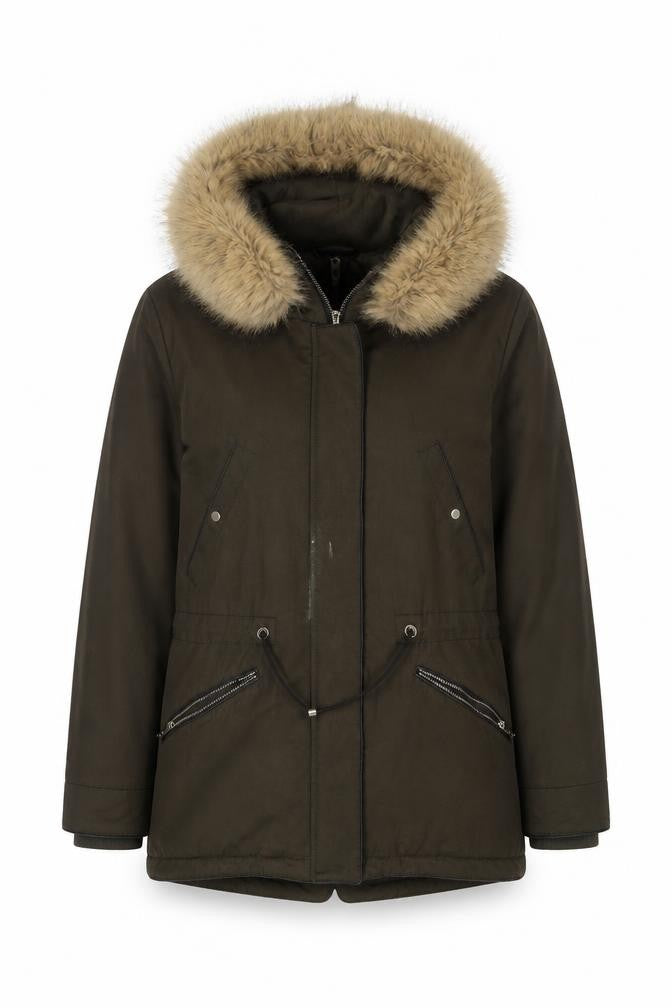 Zara Women Green Parka Coat XS Faux Fur Hooded Lined Jacket