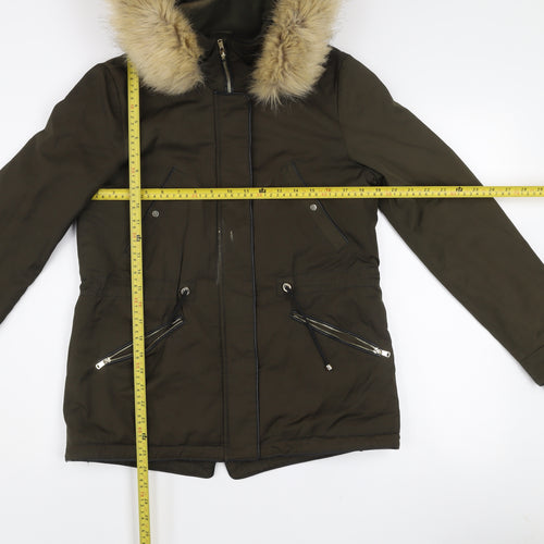 Zara Women Green Parka Coat XS Faux Fur Hooded Lined Jacket