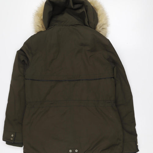 Zara Women Green Parka Coat XS Faux Fur Hooded Lined Jacket