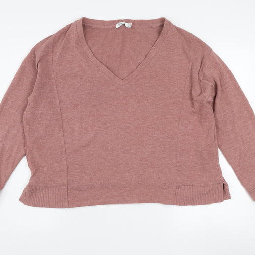 Bershka Women's Pink V-Neck Knit Jumper Size 12 Long Sleeve
