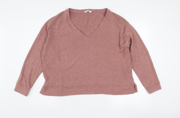 Bershka Women's Pink V-Neck Knit Jumper Size 12 Long Sleeve