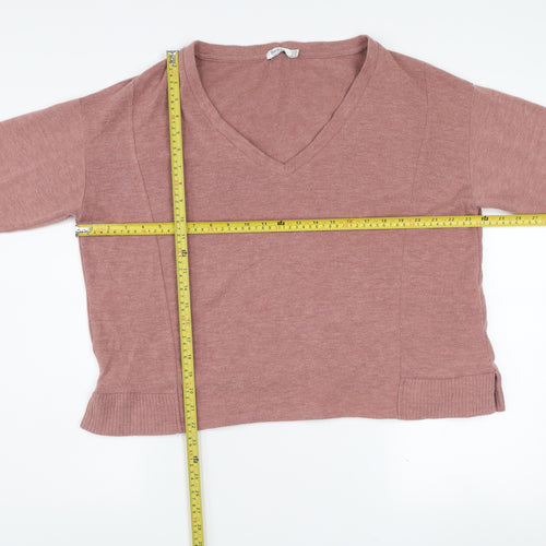Bershka Women's Pink V-Neck Knit Jumper Size 12 Long Sleeve