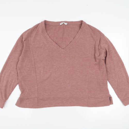 Bershka Women's Pink V-Neck Knit Jumper Size 12 Long Sleeve