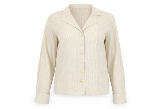 Front view of Mani Women’s Beige Striped Long Sleeve Button-Up Shirt, size UK 12, Vintage