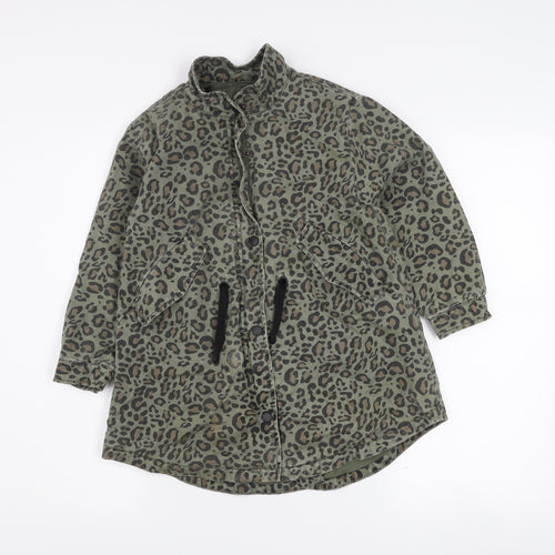 Zara Girls Green Animal Print Parka Coat 7 Years Cotton Blend Long Sleeve Lined