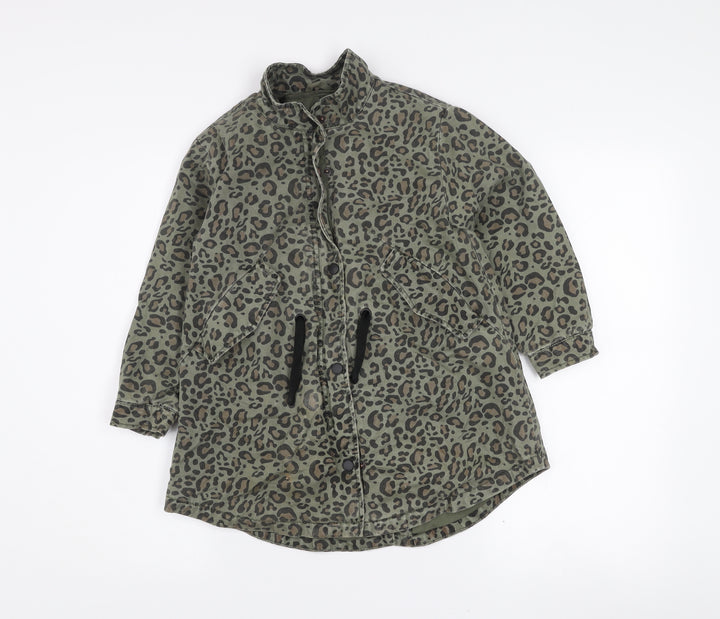 Zara Girls Green Animal Print Parka Coat 7 Years Cotton Blend Long Sleeve Lined