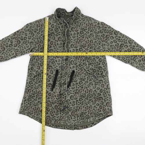 Zara Girls Green Animal Print Parka Coat 7 Years Cotton Blend Long Sleeve Lined