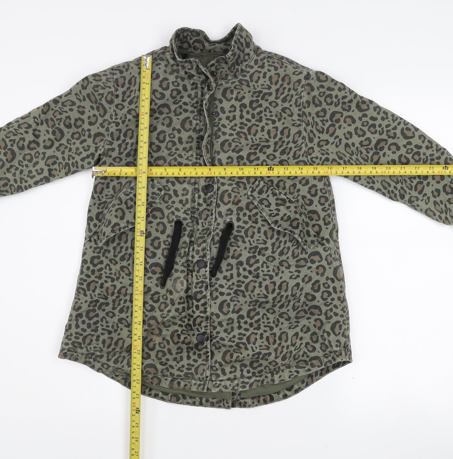 Zara Girls Green Animal Print Parka Coat 7 Years Cotton Blend Long Sleeve Lined