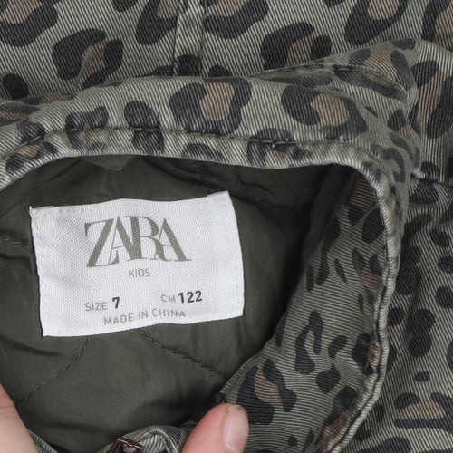 Zara Girls Green Animal Print Parka Coat 7 Years Cotton Blend Long Sleeve Lined