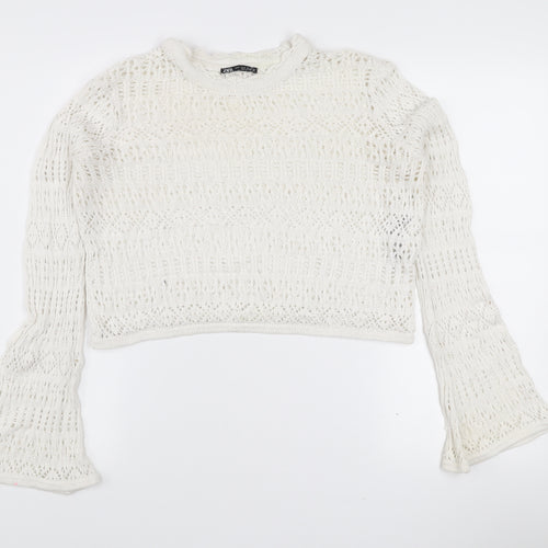 Zara Women White Open Knit Cotton Bell Sleeve Jumper M