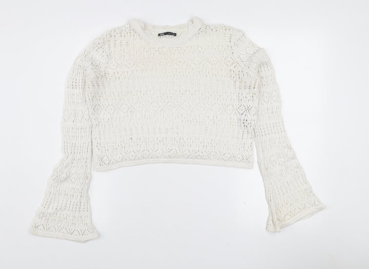 Zara Women White Open Knit Cotton Bell Sleeve Jumper M