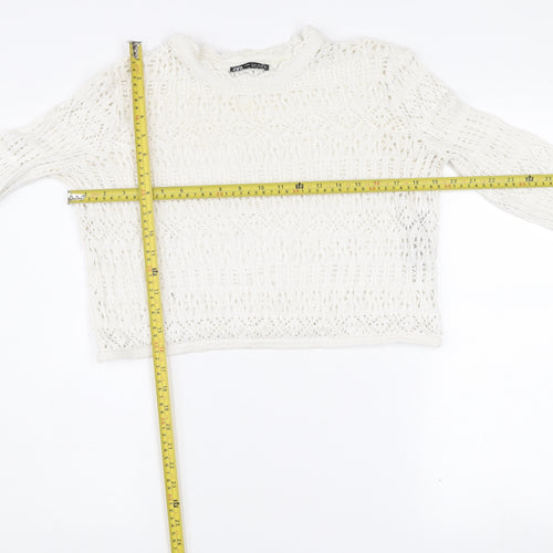 Zara Women White Open Knit Cotton Bell Sleeve Jumper M