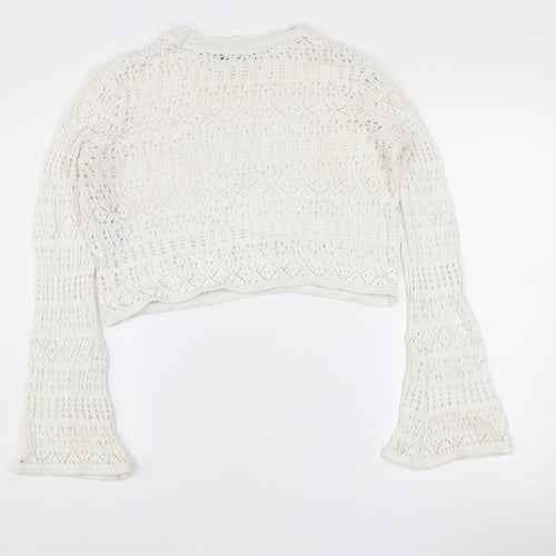 Zara Women White Open Knit Cotton Bell Sleeve Jumper M