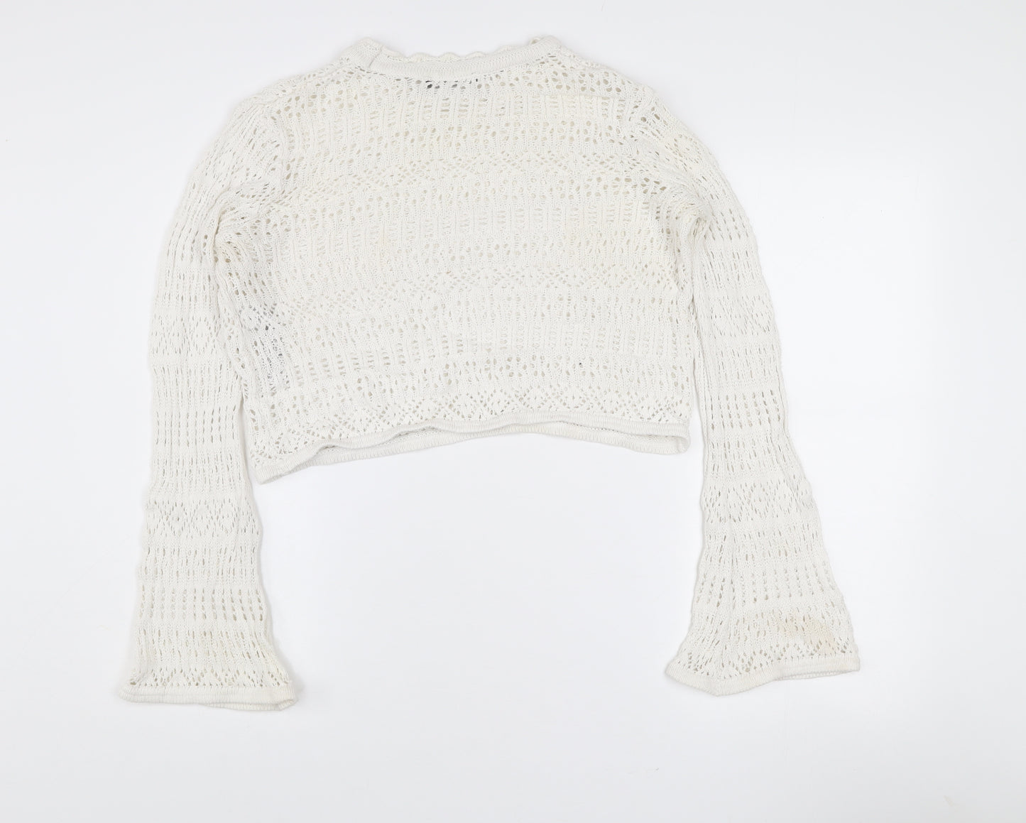 Zara Women White Open Knit Cotton Bell Sleeve Jumper M